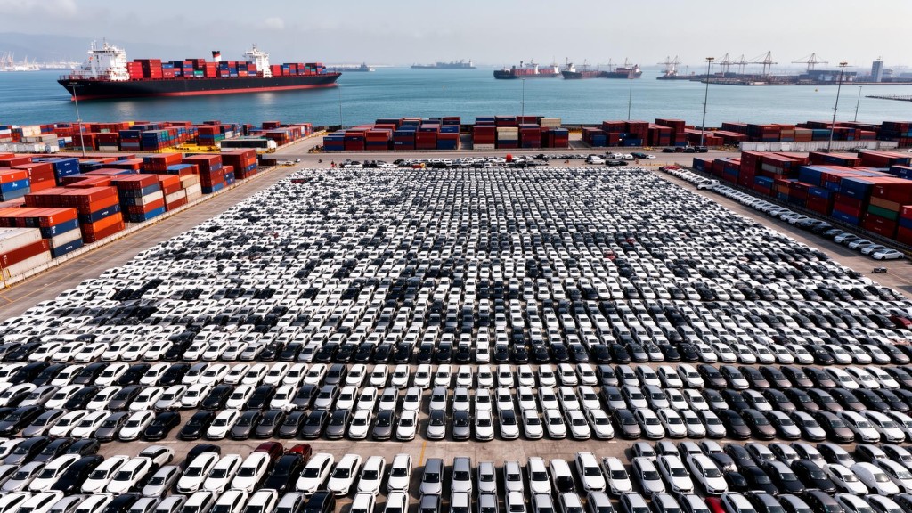 Vue aérienne d'un port commercial, rangées de véhicules et navires de marchandises.